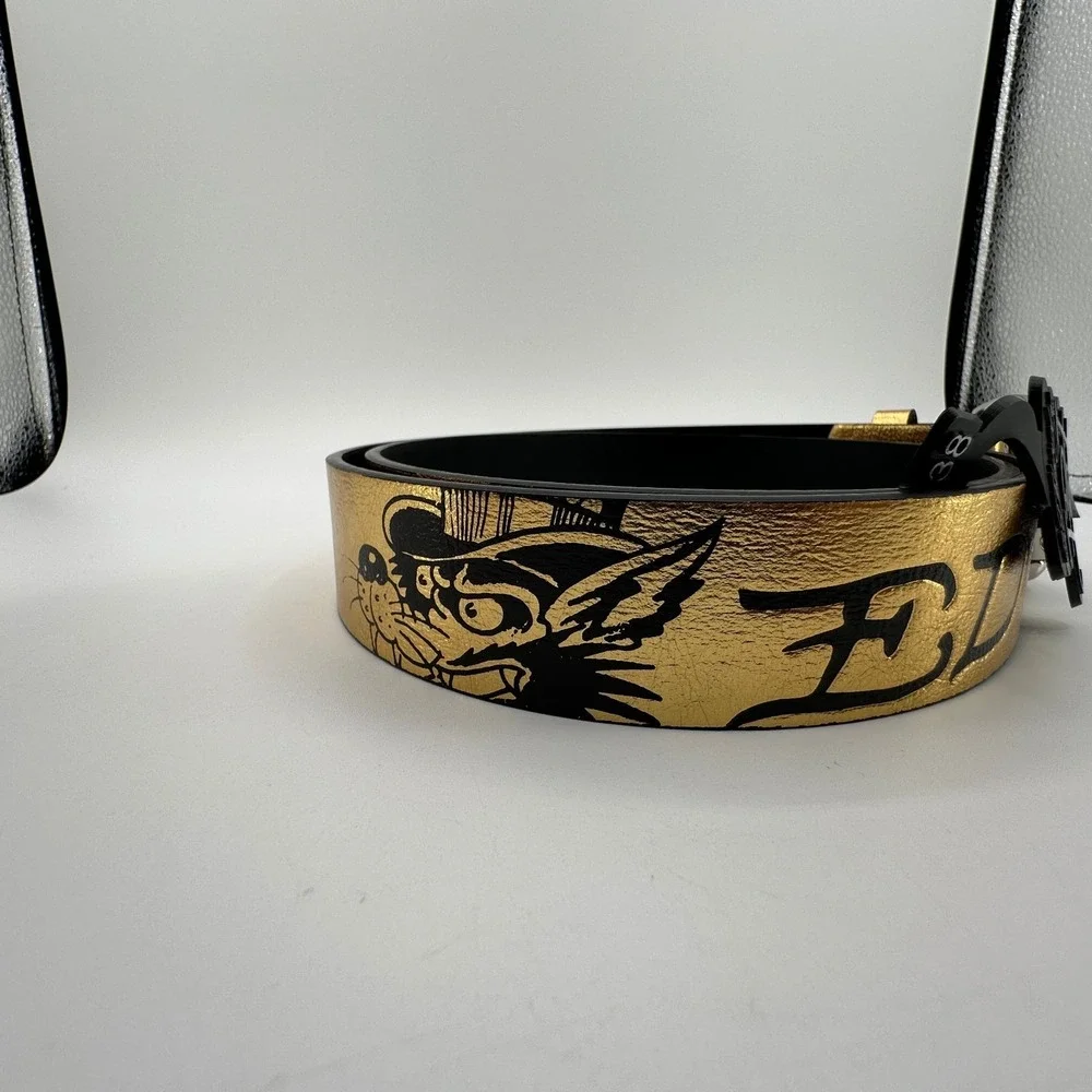 Ed Hardy Christian Audigier Belt Mens 38‎ Tiger Skull Tattoo Art Gold Color NEW